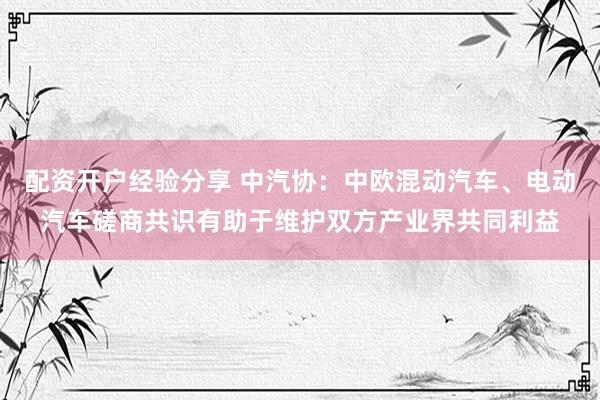 配资开户经验分享 中汽协：中欧混动汽车、电动汽车磋商共识有助于维护双方产业界共同利益
